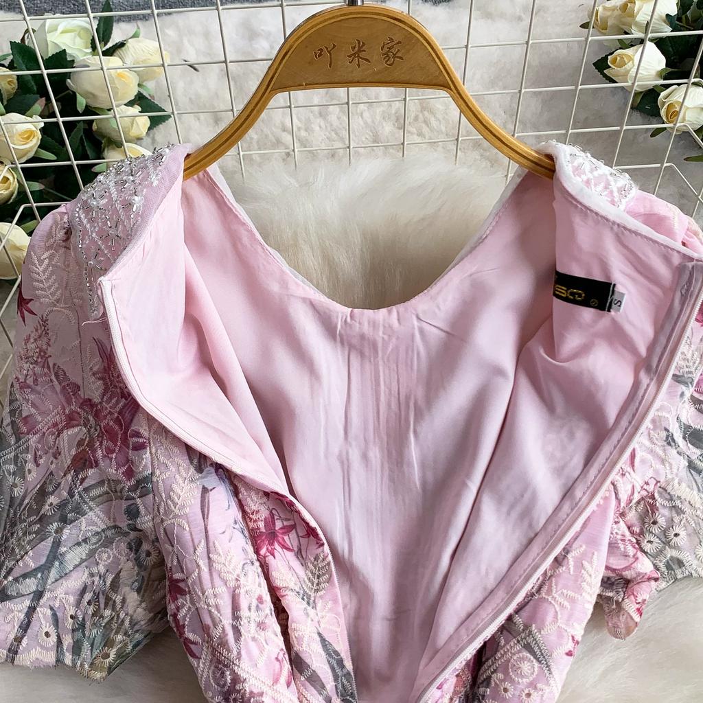 Embroidery Formal Luxury Evening Midi Dress Women Summer Beaded Peter Pan Collar Crochet Flower Hollow Out Short Sleeve Midi Dresses