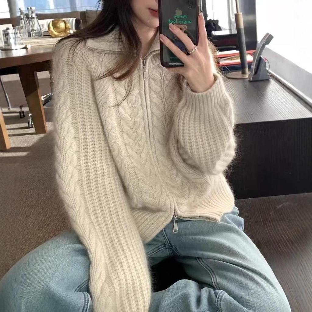 Women's Retro Cable Knit Wool Cardigan with Double Zipper