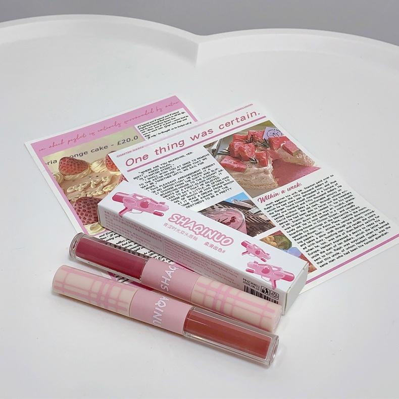 SHAQINUO ორმაგი დაბოლოების პომადა, მქრქალი ტუჩის მინანქარი სარკისებური ტუჩის სიპრიალის გრძელვადიანი ფერის წყალგაუმტარი 2 ფერის პომადა