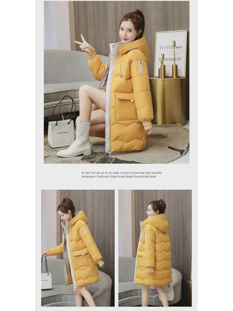 Dámská jednobarevná péřová bunda v korejském stylu - střední až dlouhá, zesílená, volný střih, stojáček, odolná proti chladu, velká velikost.