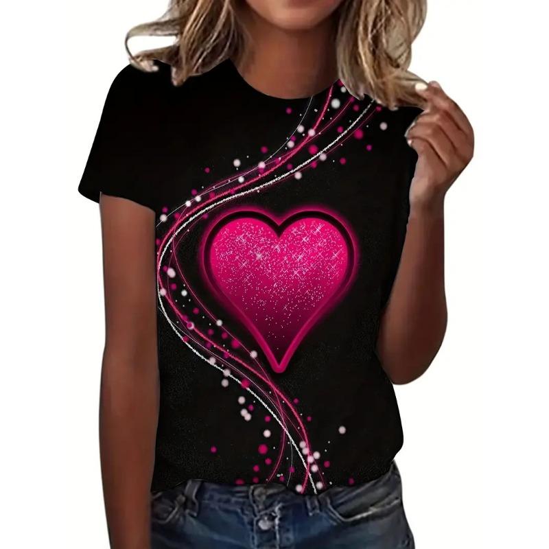 Heart Print Crew Neck T-Shirt For Women Casual Short Sleeve Leopard Love Tshirts Top Women's Ladies Valentine's Day T Shirt