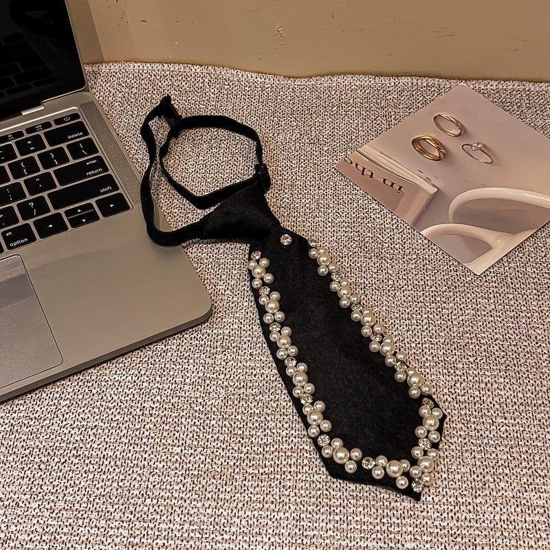 Pre Tied Black Fashion Neckties With Faux Pearl Rhinestone Decor Perfect For Party Wedding Daily Wear Special Events