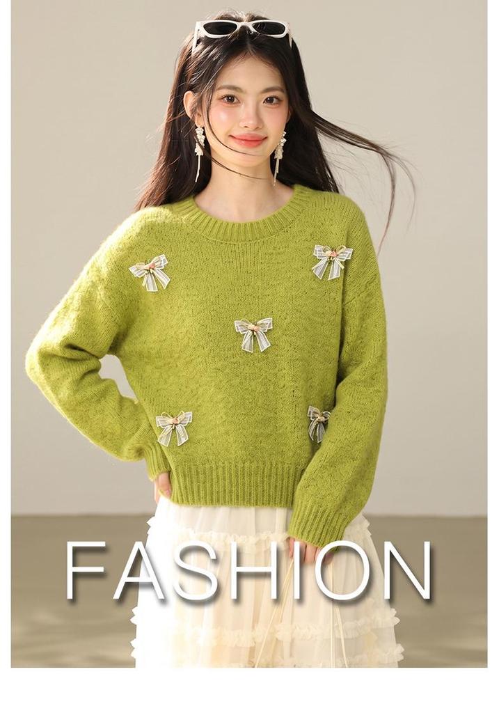 2026 Autumn Women's Versatile Round Neck Bow Knit Sweater with Long Sleeves