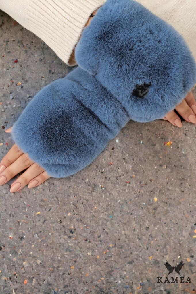 Aster-Mittens, Fingerless Gloves, Eco Fur, Soft Like Chinchilla, Jeans Color