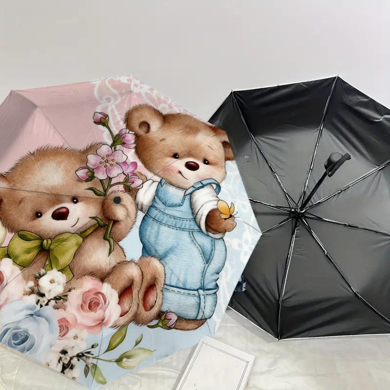 1pc Teddy Bears Flowers Automatic Folding Umbrella, Heavy Duty 8 Rib Iron Frame, Suitable for Travel, Daily Use, Birthday, Decor Gift m0104025