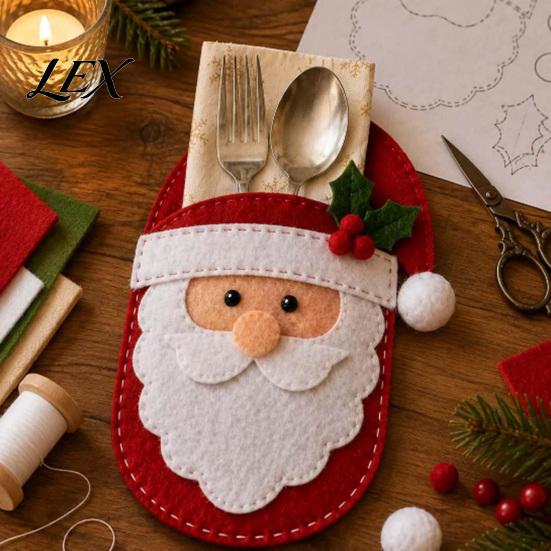 Christmas Table Decoration Felt Cutlery Holder DIY Kit, Holiday Flatware Pouch Craft Reindeer Dining Setting Set, Handmade Utensil Sleeve for