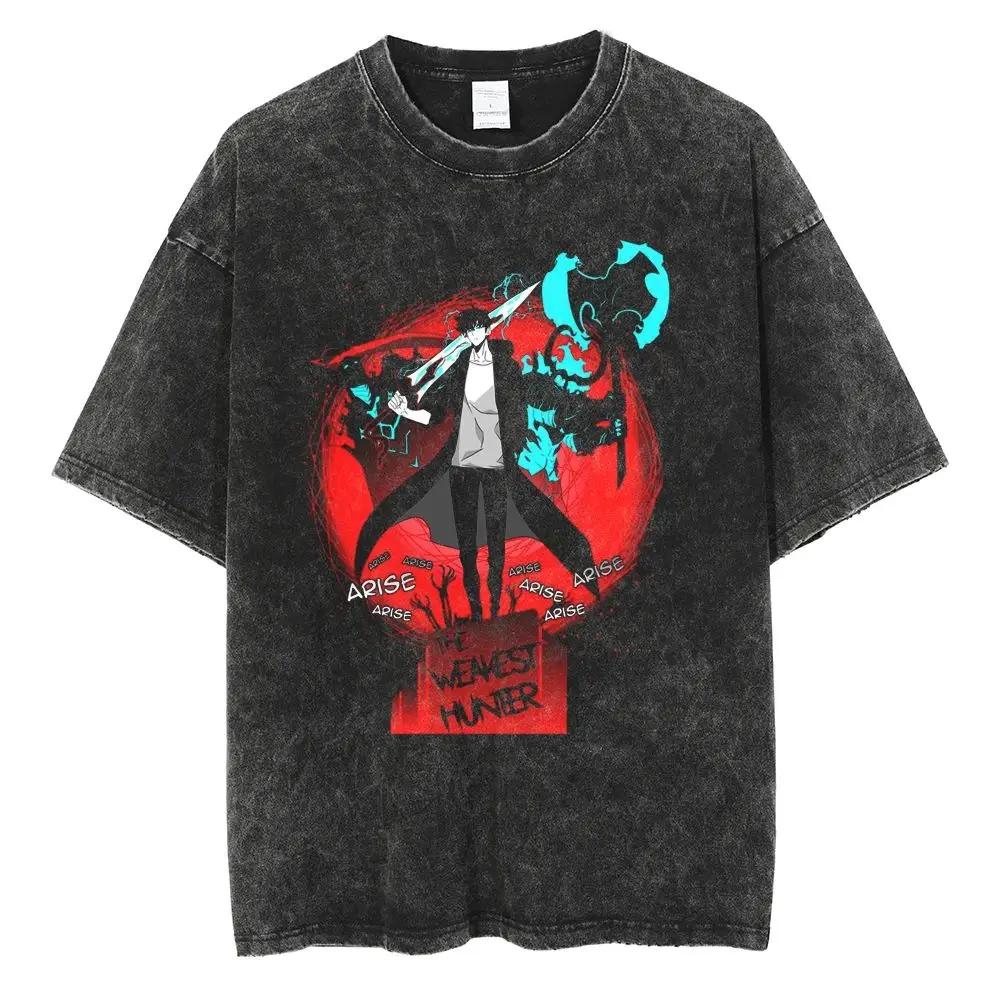 Hot Summer Anime Solo Leveling Sung Jin Woo Print T-shirt Women High Quality Washed Cotton T-shirts Harajuku Plus Size T Shirt