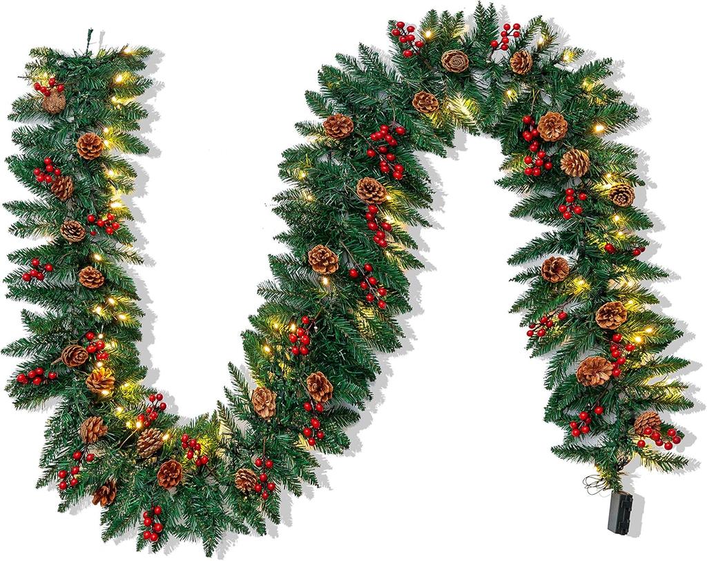 Artificial Christmas Garland Prelit Lights Pine Cones Red Berries Home Office Decorations JOYFY LED 9Ft with 27 for Play Entertaining Safe