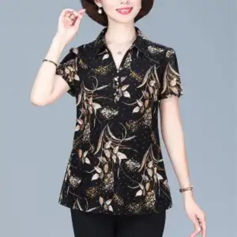 Fashionable Shirt with Lapel Short Sleeves Versatile and Noble Pullover Elegant Printed Retro Style Top