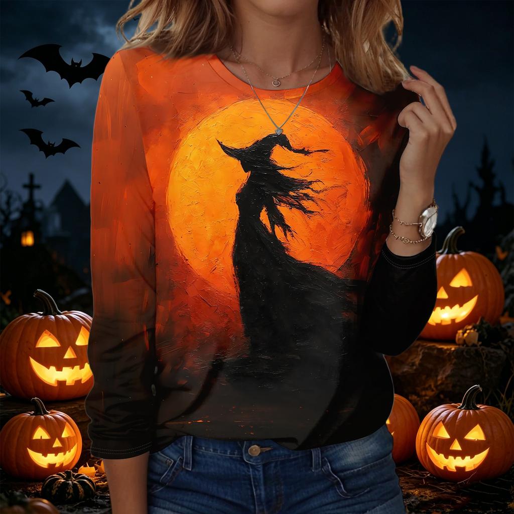 Women's Halloween Pullover Sweatshirt Long Sleeve Crewneck Top Casual Printed Lightweight Pullover Sweatshirt for Fall Seasonal Wear