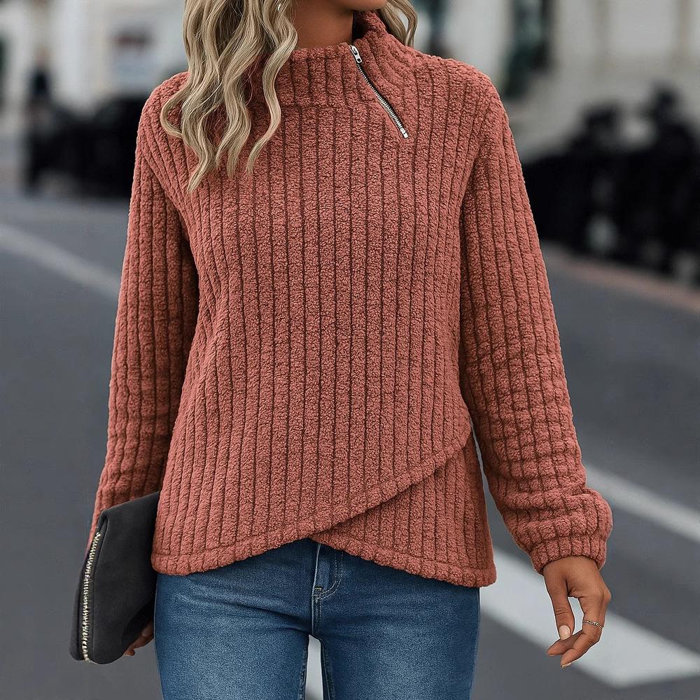 Women's Fashionable Solid Color Round Neck Long Sleeved Pullover Zipper Warm Casual Loose Sweatshirt Top