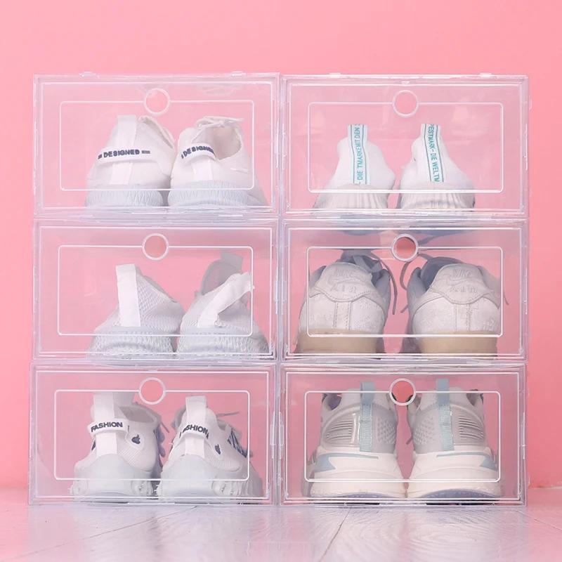 Lot de 6 boîtes à chaussures en plastique pliables, épaisses et transparentes, boîte à tiroirs, boîte empilable, organisateur de chaussures