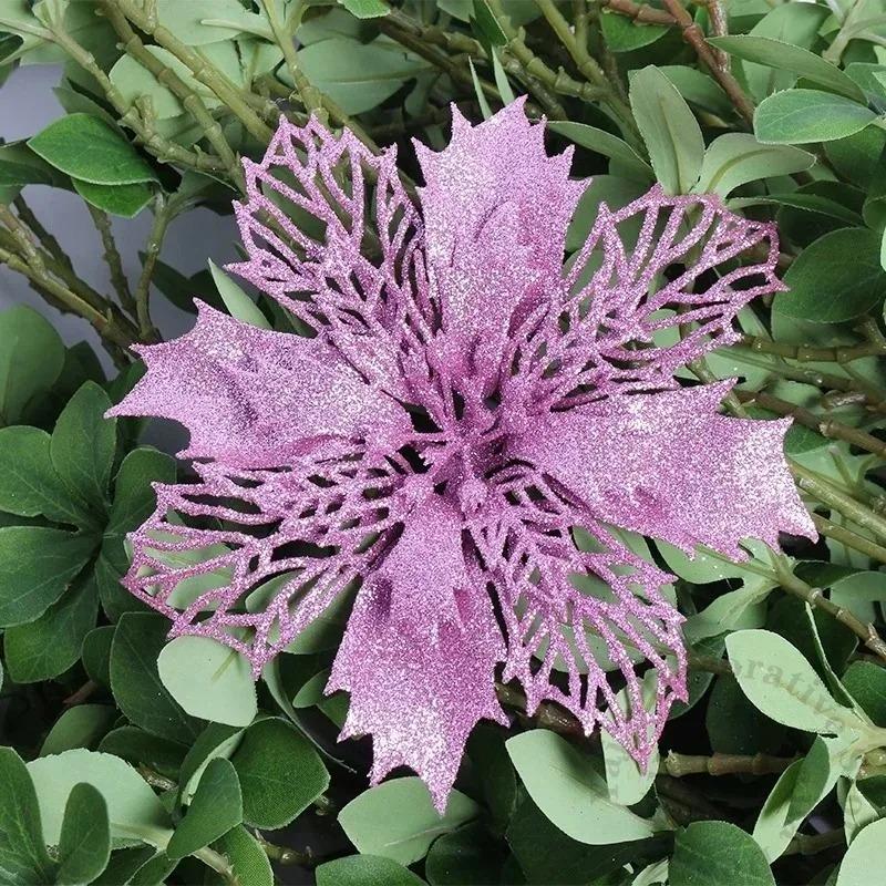 5Pcs Gold Christmas Sparkling Flowers Heads For Xmas Tree Hanging Ornament Home Room Decor Party DIY Wreath New Year 2025 Gifts