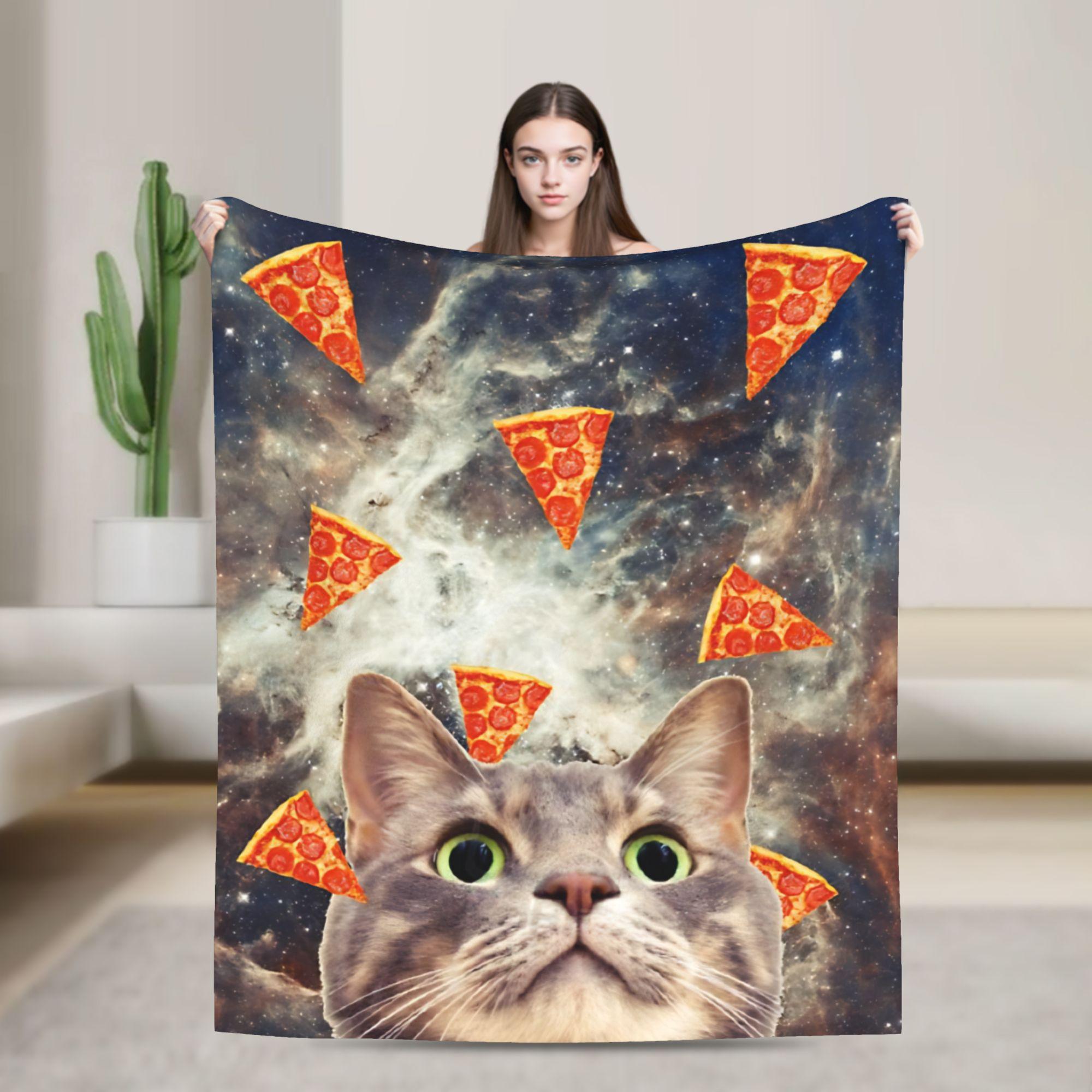 Space Flying Pizza Cat Art Collage Wool Blankets Surrealism Art Funny Throw Blanket for Quilt 200x150cm Warm 75x90cm