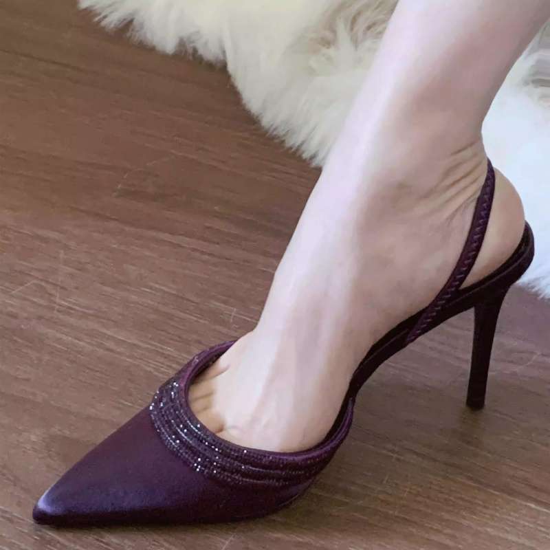

2025 autumn new pointed purple thin heel high heel light mouth rhinestone one word with satin sandals half drag sandals women 35