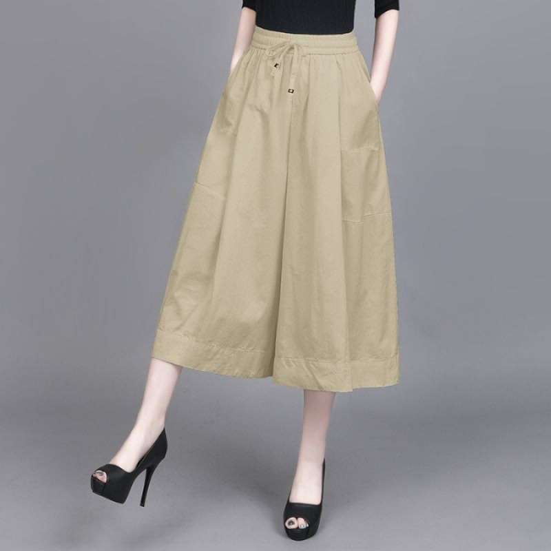 Women's Drawstring Elastic Waist Wide Leg Capri Pants Loose Fit Harem Pants Thin Denim Summer Commuter Skirt Culottes