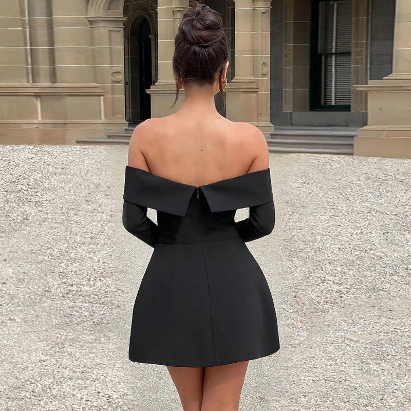 Women's Backless Off-Shoulder Long Sleeve A-Line Dress - Autumn European & American Fashion