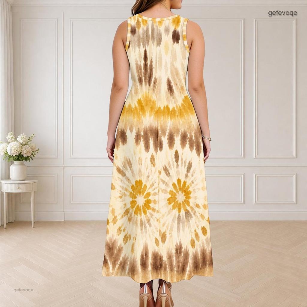 Women Plus Size Round Neck Triple Keyhole Cutout Sleeveless Printed Navy Blue Long Dress