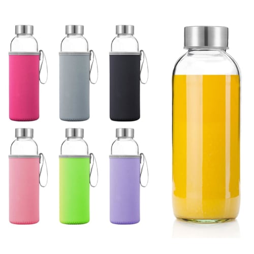 Set of 6 532ml Clear Glass Water Bottles with Stainless Steel Airtight Caps for Travel, Drinks, Juices, and Smoothies