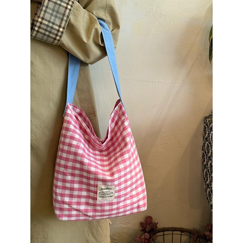 Korean niche canvas bucket bag 2025 new trendy bag contrasting color plaid shoulder bag literary commuter tote bag