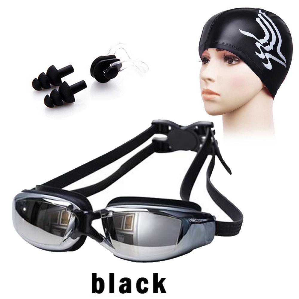 Shenyu Anti-Fog HD Swim Goggles Set: Includes Electroplated Goggles, Silicone Nose Clip, Earplugs, and PU Swim Cap.