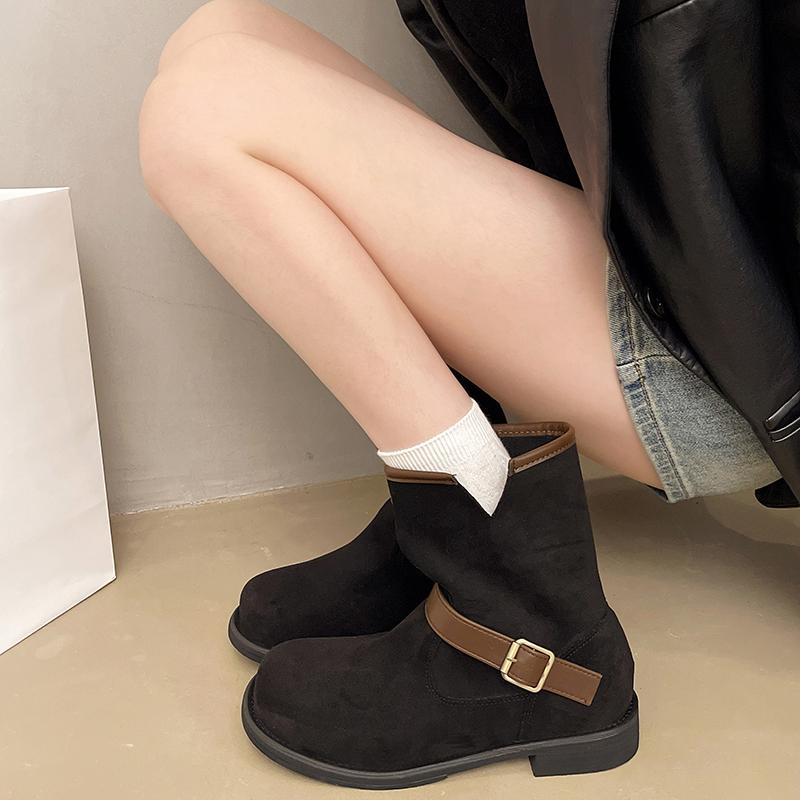 Autumn Winter Women Western Ankle Boots Fashion Pointed Toe Low Heel Shoes Belt Buckle Ladies Elegant Short Booties