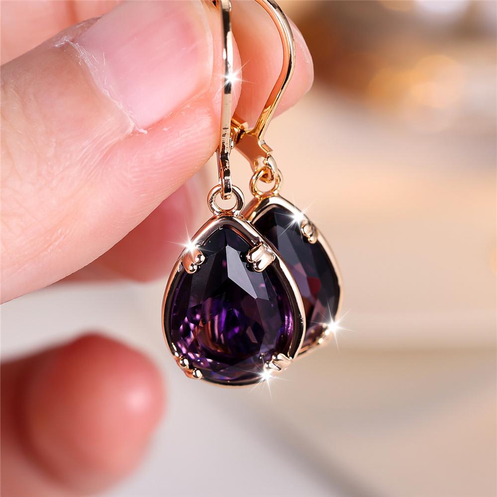 Charm Female Purple Water Drop Zircon Stone Hoop Earrings Gold Color Simple Wedding For Women