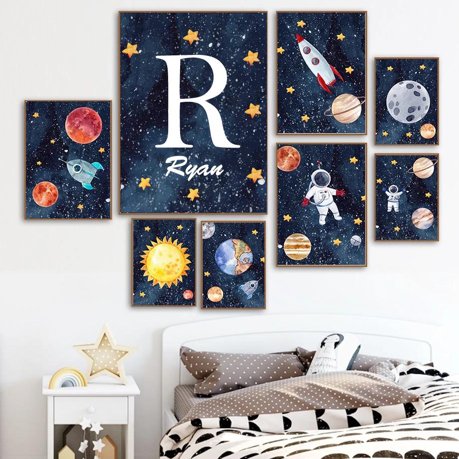 Custom Kids Name Wall Art Poster Print Space Rocket Astronaut Planet Nursery Canvas Painting Personalized Wall Art Painting Art