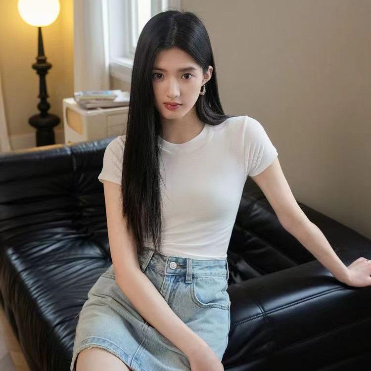 2025 Korean Style Slim Fit Solid Color Short Sleeve T-Shirt for Women