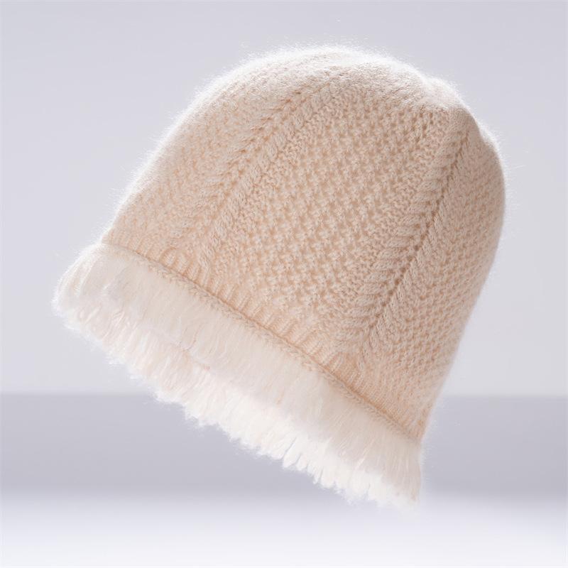 Winter cashmere pile hat men's and women's niche versatile fringed knitted pullover hat warm ear protector cold hat shows small face