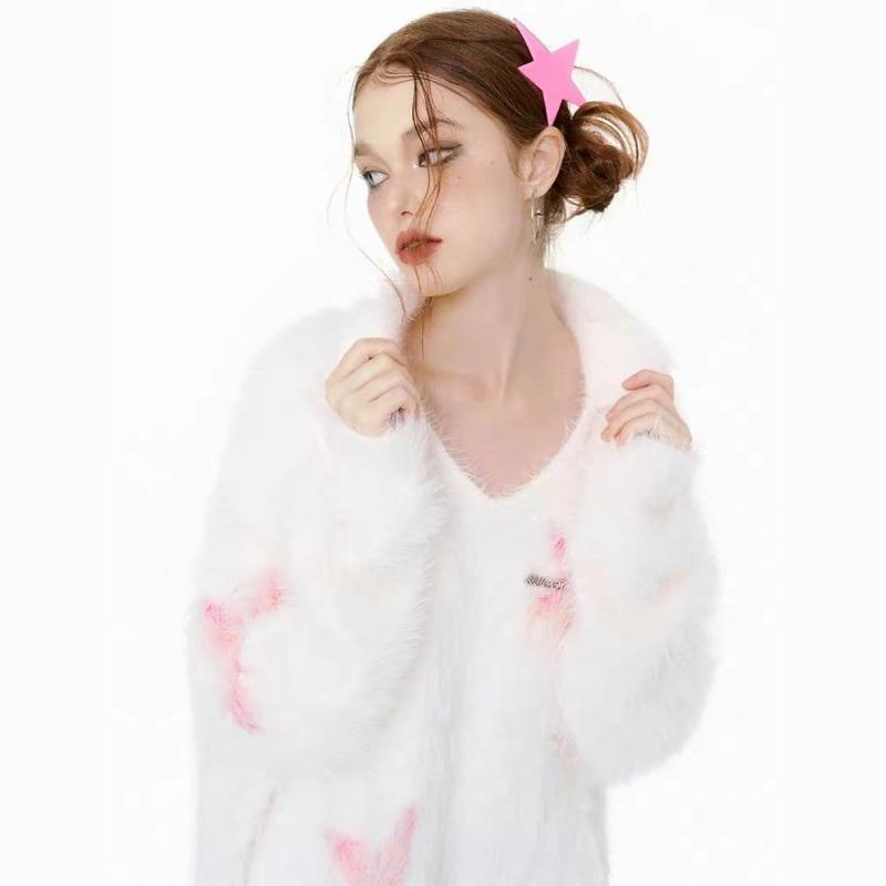 Star Contrasting Women's Sweater V-neck Plush Pullover Sweater Loose Oversized Autumn Winter Outerwear Woman Top