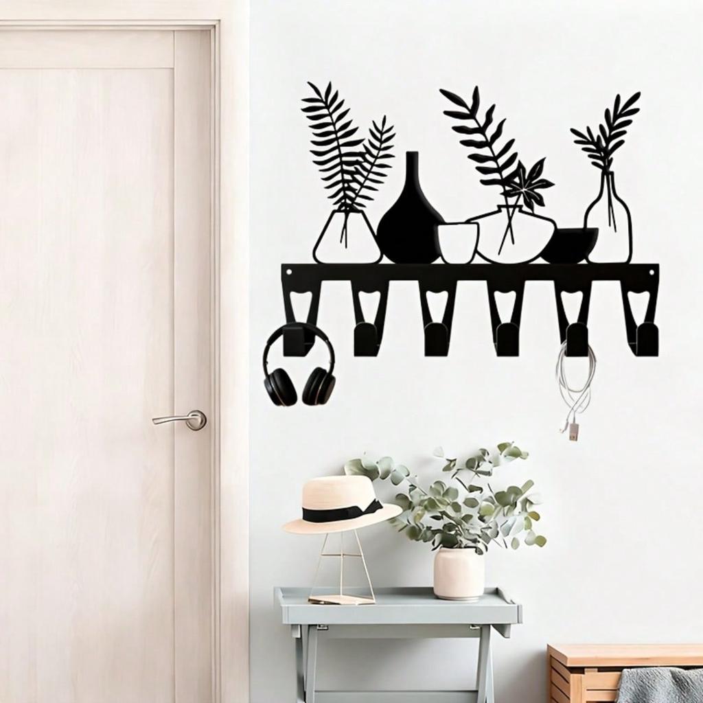 Nordic Style Metal Wall Decor with 6 Hooks for Keys, Vase and Plant Key Holder, Iron Craft for Entryway Bedroom, Natural Theme Gift