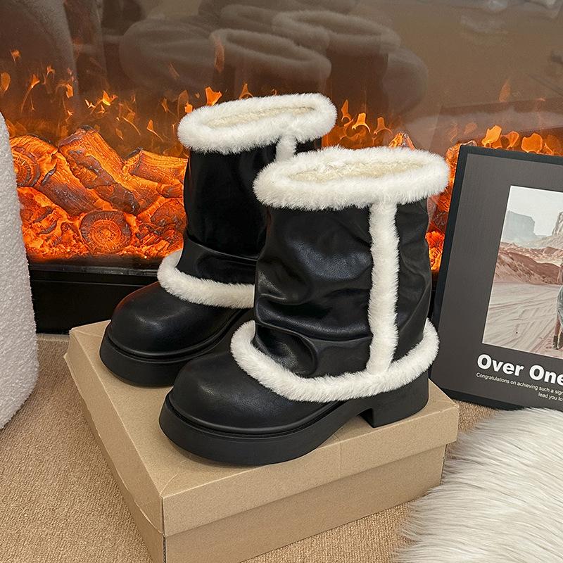 Damskie futrzane zimowe lekkie ciepłe ocieplane śniegowce na grubej podeszwie ze skóry antypoślizgowe do noszenia na co dzień bawełniane botki