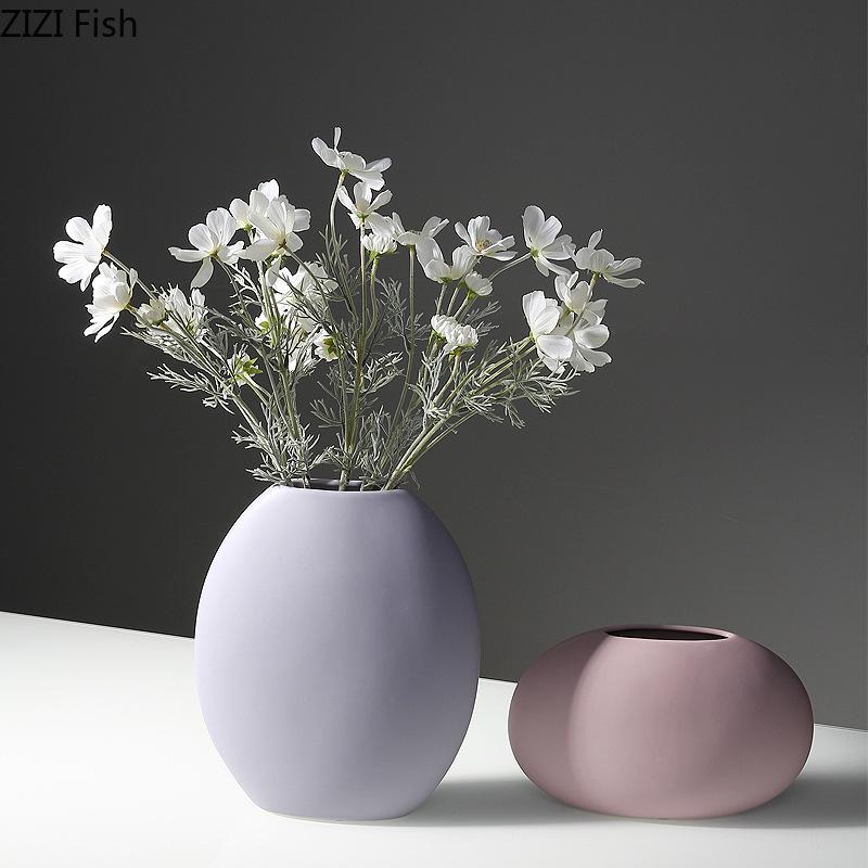 Minimalist Flat Ceramic Vase Creative Round Plant Pots Table Decoration Flowers Arrangement Floral Vases Room Aesthetic Decor