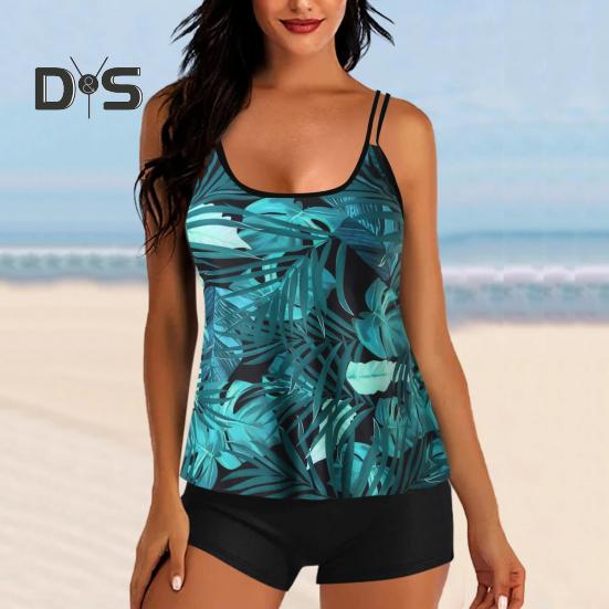 2-teiliges Tankini-Set mit abnehmbarem Brustpolster und verstellbaren Schultergurten, Oberteilen und elastischer Taille, bedrucktem Badehosen-Set, Strandmode