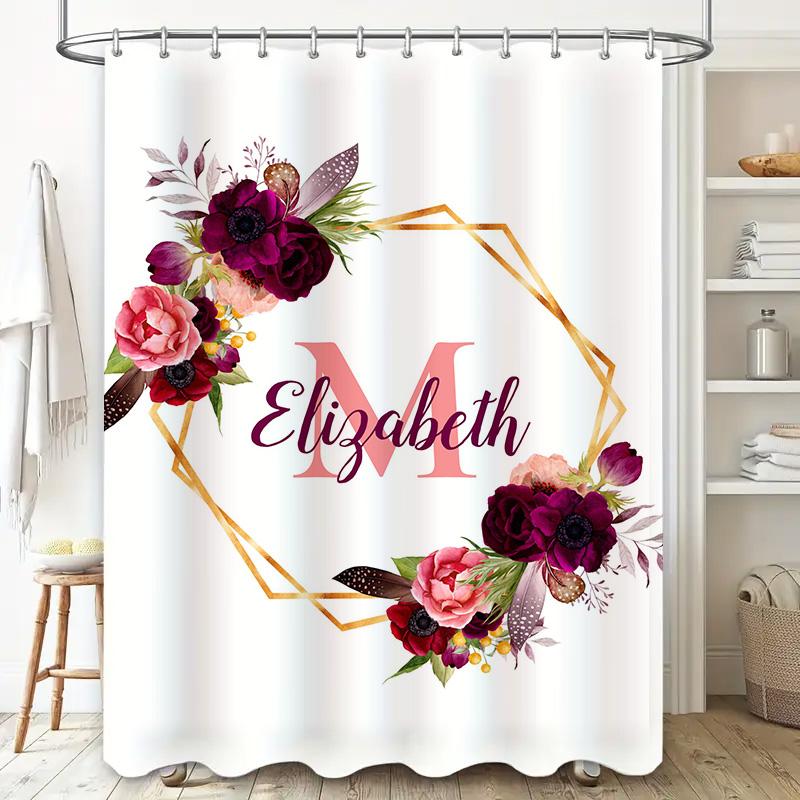 Custom Monogram Shower Curtain Personalized Name Letter Decorative Wedding Gift for Bride's Bathroom Flower Design with Gold Out