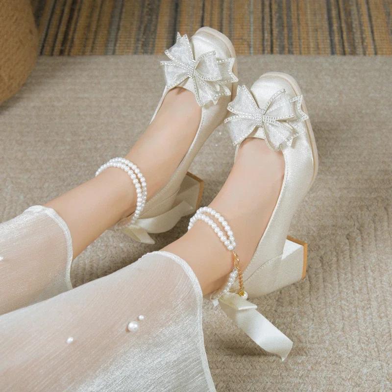 Elegant Pearls Ankle Strap Pumps Women Spring 2025 Square Toe Crystal Buckle Mary Janes Woman High Heels Party Wedding Shoes 40