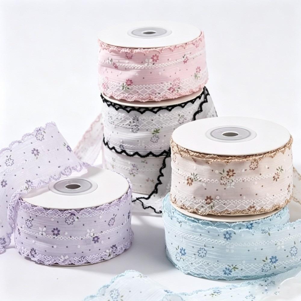 10 Yards 2.5cm Width Floral Fabric Ribbon 10 Yards Length Plaid & Polka Dot Pattern Bud Edge Wave Lace Ribbon