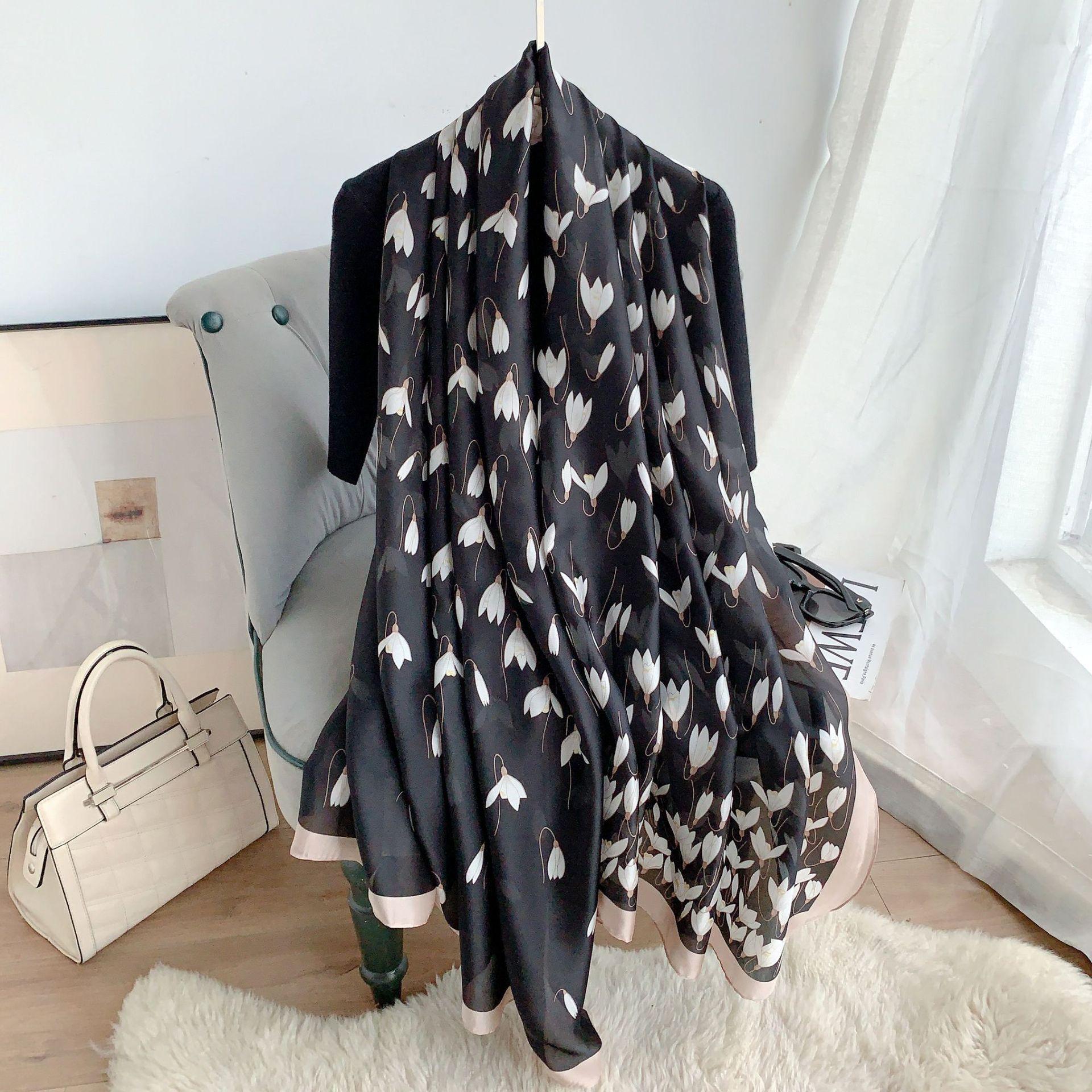 

Высококачественный шарф из нового шелкового сатина для женщин, длинный шарф, корейская мода, шарф с растениями и цветами, шарф из искусственного шелка с принтом 180*90cm