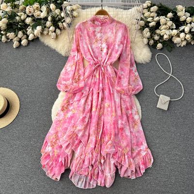 Primavera verão feminino retro floral impressão bandagem elegante vestido de chiffon a linha lanterna manga rendas cintura alta vestidos longos