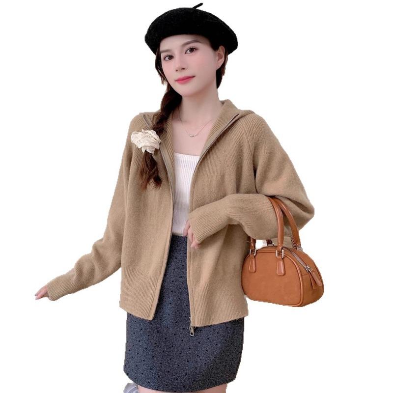 Autumn and winter new loose lazy soft waxy hooded double zipper knitted cardigan women's simple casual versatile sweater jacket