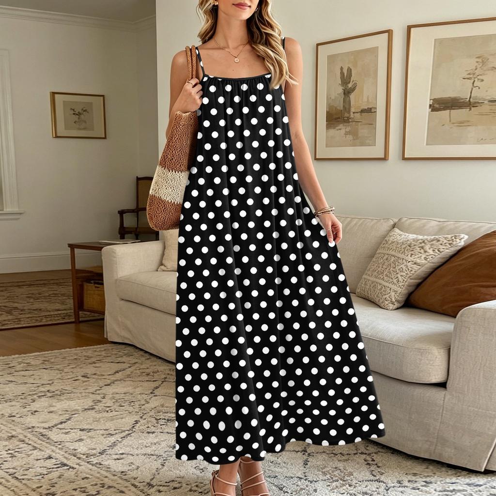 Damen ärmelloses Polka-Dot Maxikleid Sommer lässig langes Kleid mit verstellbaren Spaghettiträgern Leichtes Strandkleid für den Urlaub