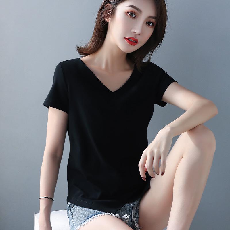 Black V-Neck Irregular Hem Short-Sleeve T-Shirt - 2022 Korean Fashion