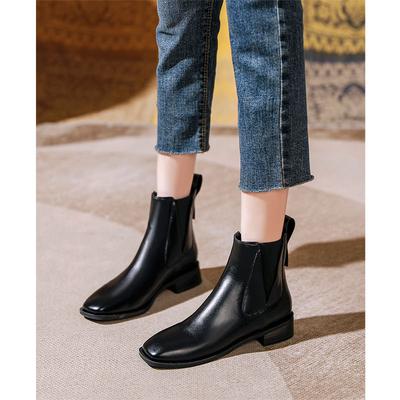 Quadratkopf kleine kurze Stiefel dicker Absatz elastische Stiefel neue Herbst- und Winter niedriger Absatz Lederstiefel braun dünne mittelhohe Stiefel