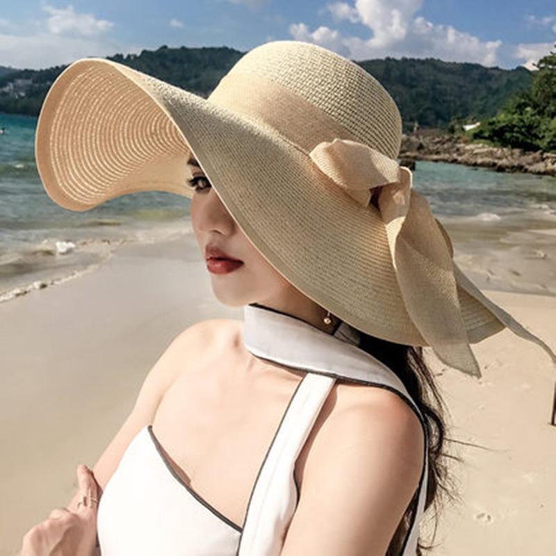 Strand Strohhüte Mode Breiter Rand UPF 50+ UV Sonnenschutz Outdoor Reisekappen Lässig Damen Faltbar Übergroß Visierhut