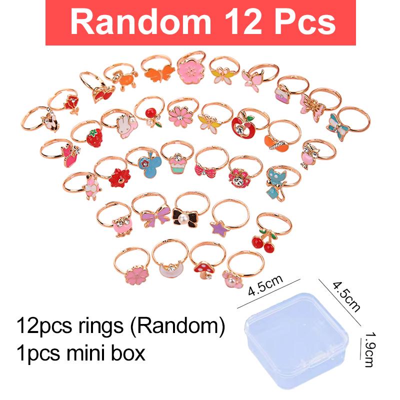 6/9/12/36pcs Cute Adjustable Rings Children Girls Pretend Play Makeup Toys Cartoon Crystal Jewelry Alloy Animal Enamel Rings