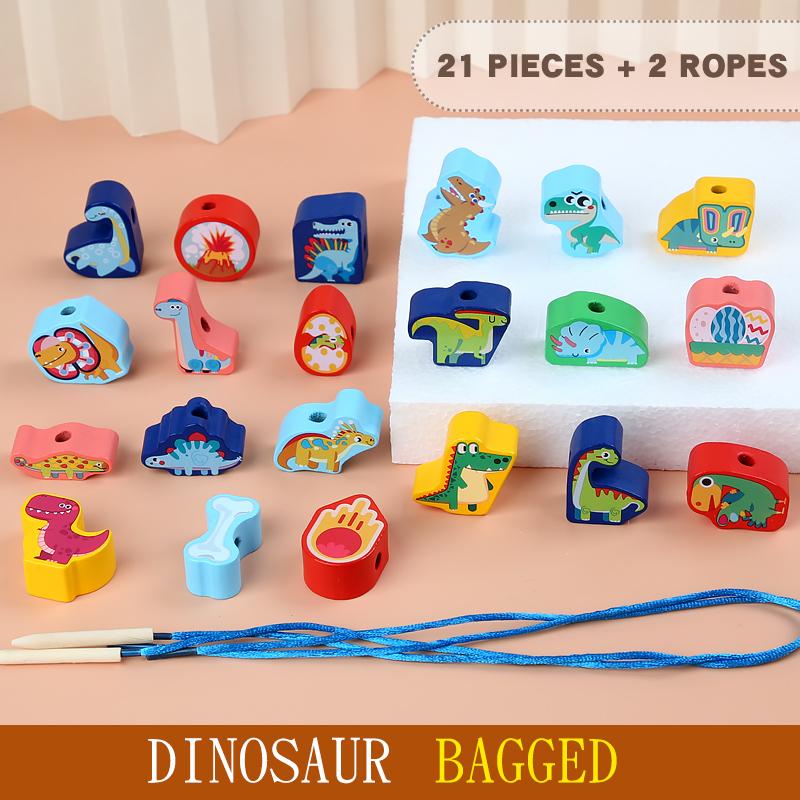 

Montessori DIY Wooden Toys Cartoon Dinosaur Animal Stringing Threading Wooden Beads Educational Toys for Kids Christmas Gift