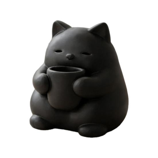 

Mini Cute Cat Figurine 3D Printed Drinking Tea Cat Statue Small Desktop Ornament for Living Room Bedroom Office Shelf Decor чорний