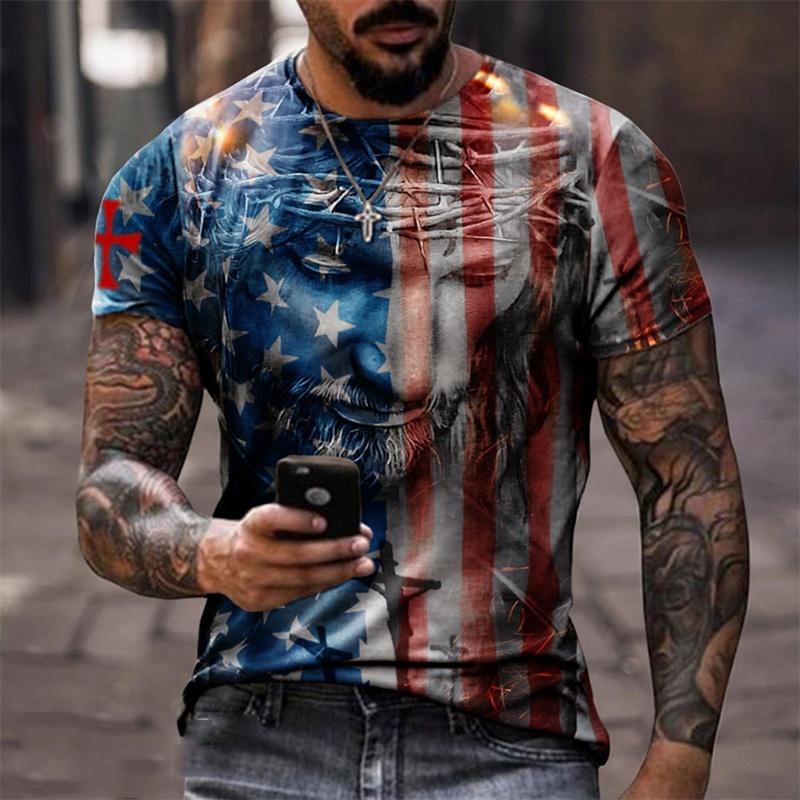 Jesus Christus Muster T-Shirt für Herren Amerikanische Flagge 3D-Druck Kurzarm Oberteile Sommer Freizeit Rundhals Lockere T-Shirts