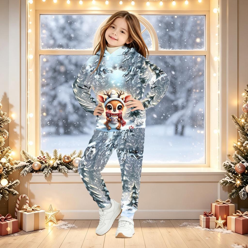 Kids Christmas Print Hoodie Set - Children's Hooded Pullover Top for Boys and Girls